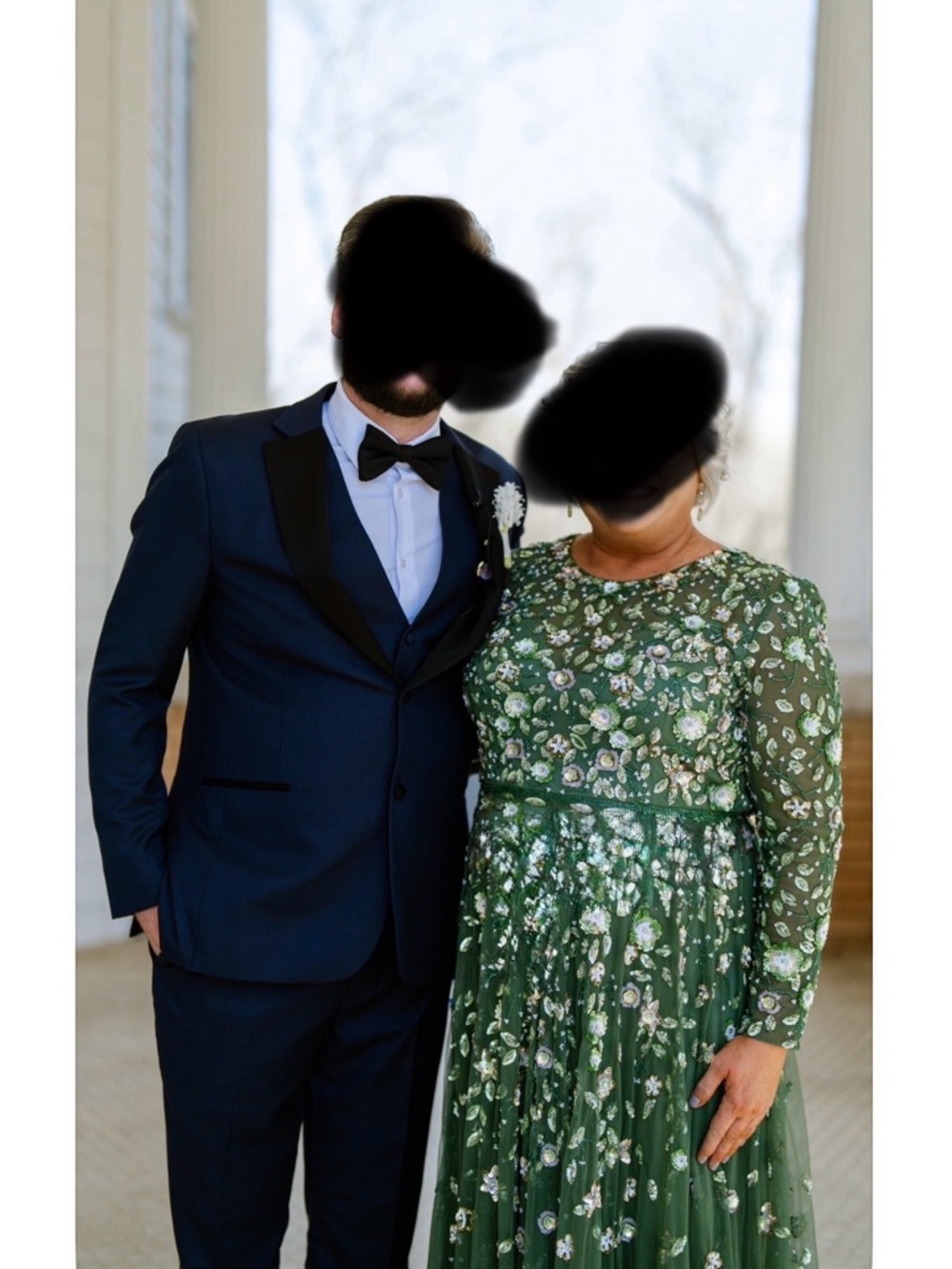 Embellished Green Long-Sleeve Tulle Evening Gown - Picture 3 of 6